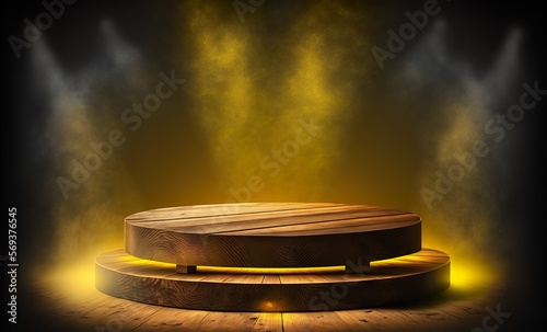 Platzhalter Podium mit Rauch zur Produkt-Präsentation mit diffusen, gelben Licht. Edle Holzfläche zum Abstellen von Produkten als Hintergrund und Vorlage. photo