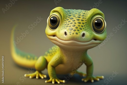 3D Cute smile little lizard kawaii character. Realistic lizard with big eyes. Generative AI