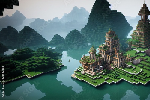 Jungle's castle on the lake. Minecraft. Generative AI
