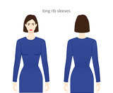 Rib sleeves long knit length clothes character beautiful lady in blue top, shirt, dress technical fashion illustration, fitted. Flat apparel template front, back sides. Women, men unisex CAD mockup