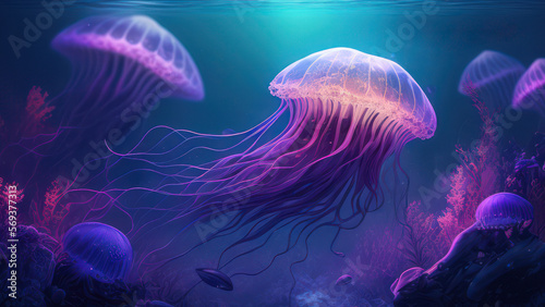 Mystical Purple Jellyfish Swimming. 4K, Illustration. Generative AI.