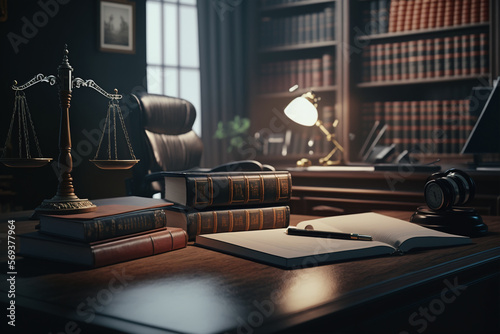 Luxurious and modern business lawyers office with table and lighting. Generative AI
