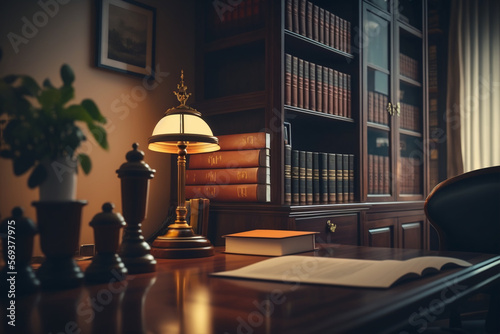 Luxurious and modern business lawyers office with table and lighting. Generative AI
