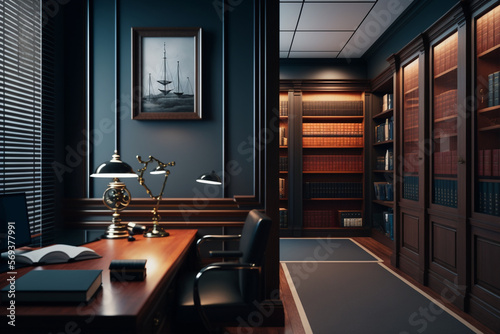 Luxurious and modern business lawyers office with table and lighting. Generative AI
