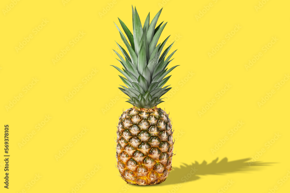 Fresh juicy tasty whole pineapple. On a yellow background.