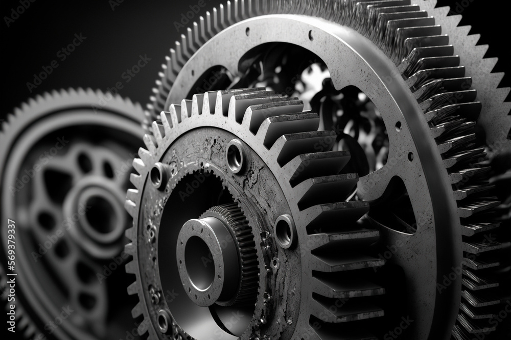 Mechanism, gears and cogs at work. Industrial machinery. Generative AI Mechanism, gears and cogs at work. Industrial machinery. Generative AI
