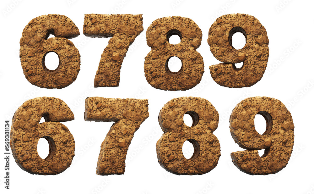 Numbers: 6, 7, 8, 9. Sand alphabet in 3D render. Isolated on white background with easy clipping. Fountain dirty with mud. Two positions, path save. Numbers: 6, 7, 8, 9. Sand alphabet in 3D render. Isolated on white background with easy clipping. Fountain dirty with mud. Two positions, path save.