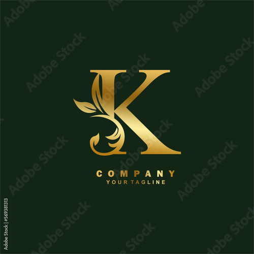 luxury gold initial K letter logo design with beautiful ornament. suitable for business logo, company, beauty, fashion, brand, boutique, hotel, etc. monogram logo