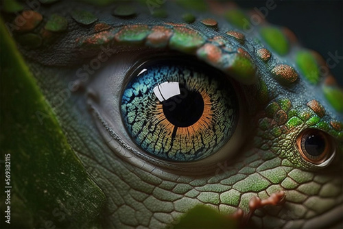 Vibrant eye of tree green snake. Reptile closeup macro portrait. Generative AI illustration. © mnjrstd