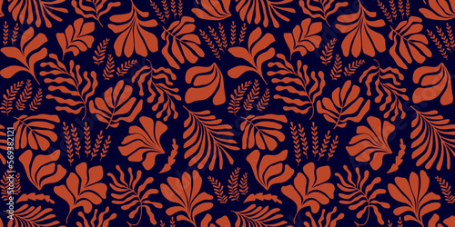 Abstract background with leaves and flowers in Matisse style. Seamless pattern with Scandinavian cut out elements.