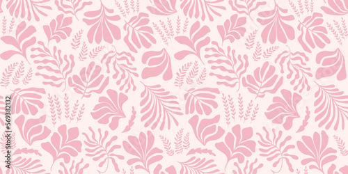 Abstract background with leaves and flowers in Matisse style. Seamless pattern with Scandinavian cut out elements.