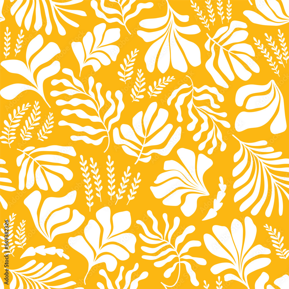 Abstract background with leaves and flowers in Matisse style. Seamless pattern with Scandinavian cut out elements. Abstract background with leaves and flowers in Matisse style. Seamless pattern with Scandinavian cut out elements.