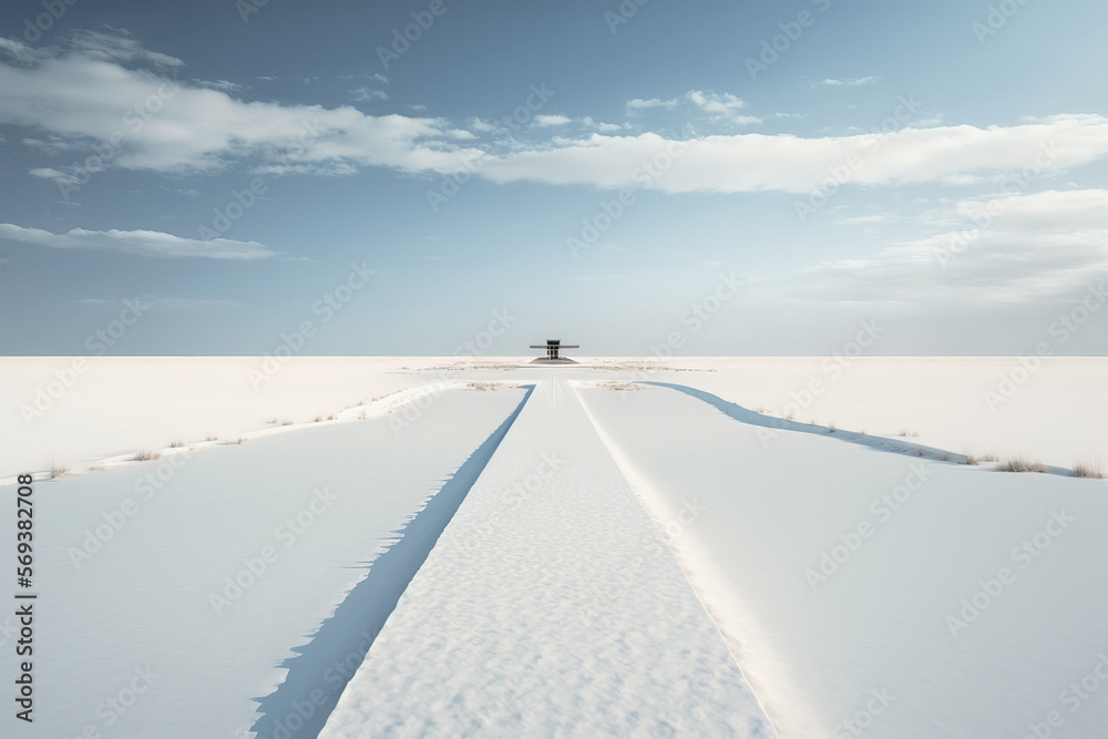 Snowy Scenery, A Road in the Middle of Nowhere with a Winter Wonderland. White Sand road. Background.