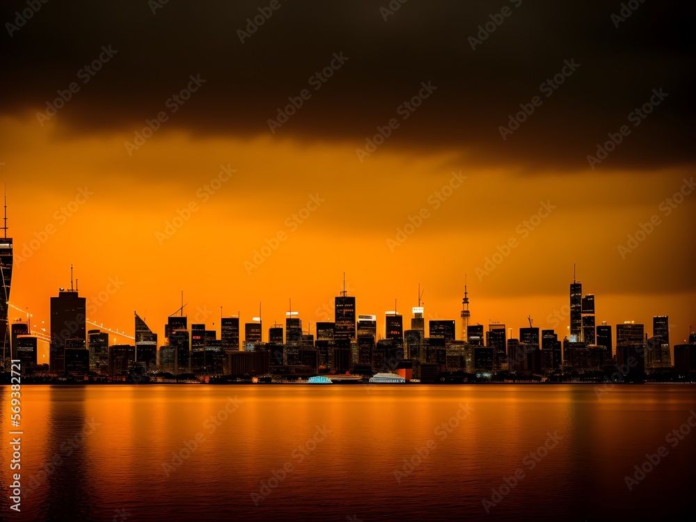 A stylized representation of a cityscape in shades of orange and yellow created with Generative AI technology