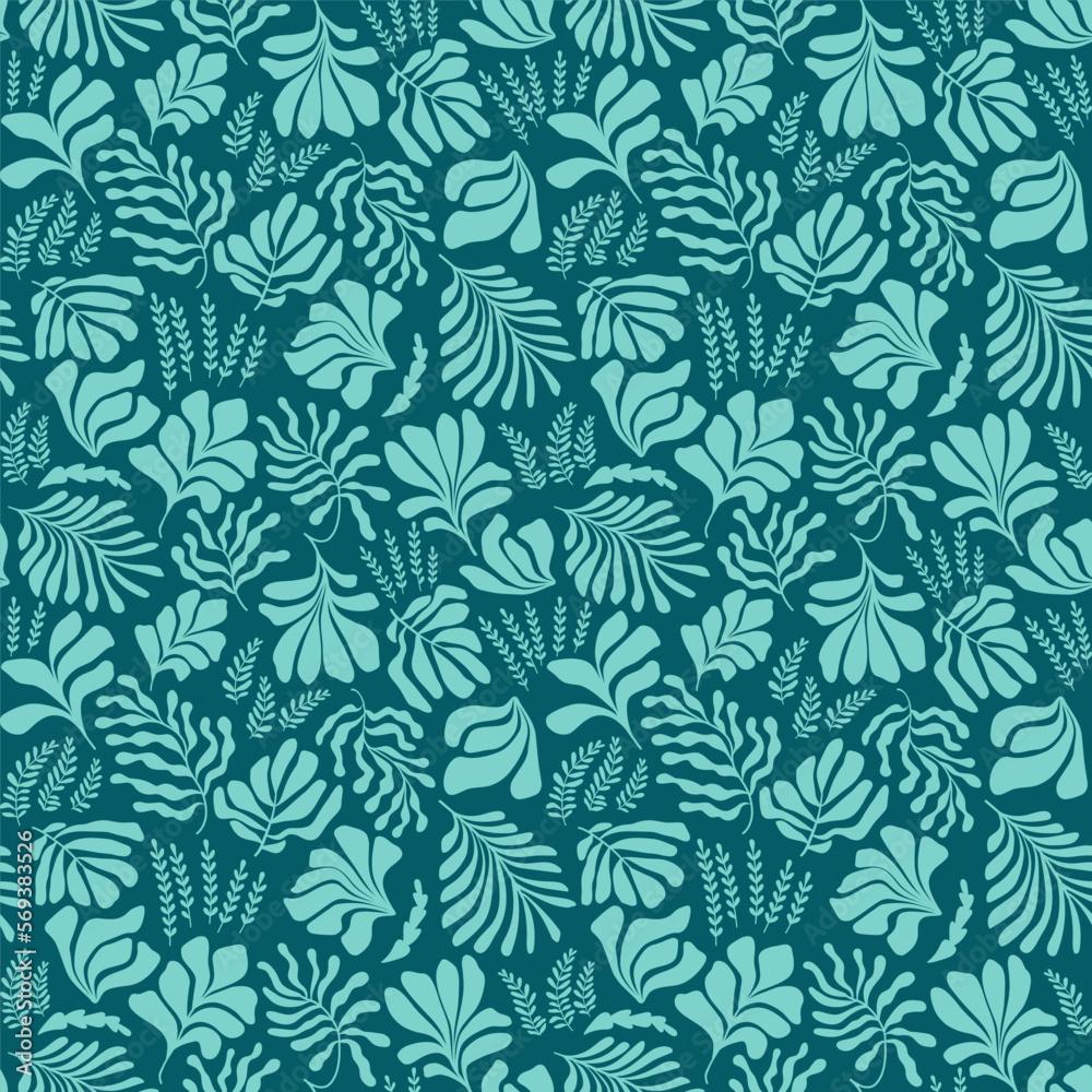 Abstract background with leaves and flowers in Matisse style. Seamless pattern with Scandinavian cut out elements. Abstract background with leaves and flowers in Matisse style. Seamless pattern with Scandinavian cut out elements.
