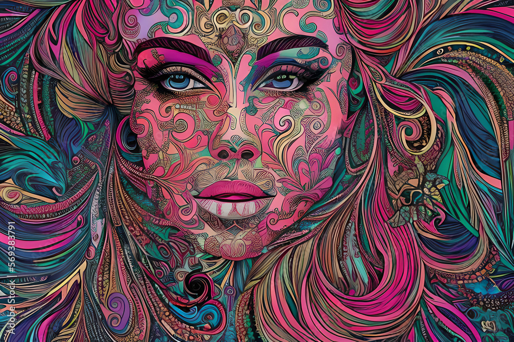 A woman's mentality and psychology in colours. The look and eyes. Female face portrait dyed with graphic symbols - Line Art style colour illustration.