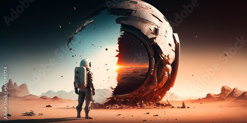 An astronaut standing in front of broken spaceship on deserted planet. Generative AI illustration.