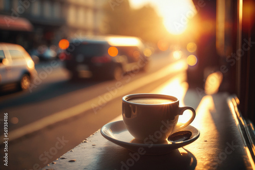 Cup of coffee, tea, street cafe at sunset. Generative AI.