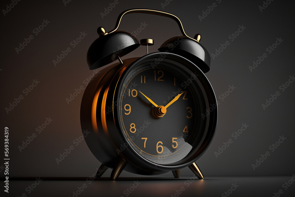 Alarm Clock On Dark Background, 3D Rendering. Front View, Empty Background.  Generative AI. Stock-Illustration | Adobe Stock