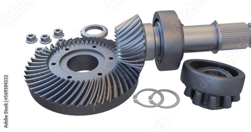 Collection of the ring gear and pinion forming a spiral bevel gear assembly. Also shows assembly nuts, a spare bearing, circlips, a bearing lock nut and o-rings.