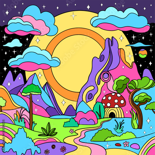 Retro psychedelic groovy landscape. Vintage hippie background photo