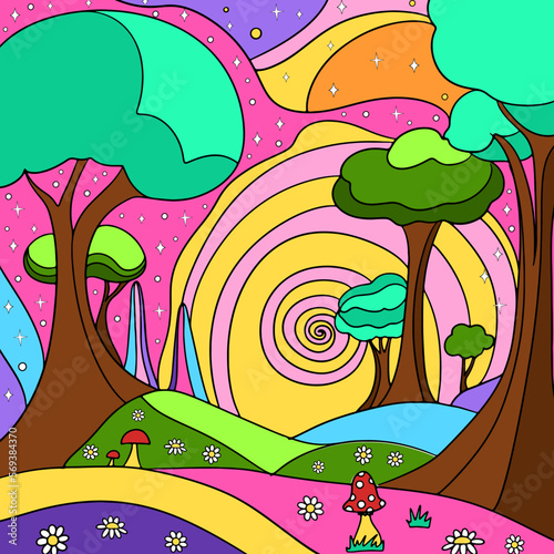 Retro psychedelic groovy landscape. Vintage hippie background