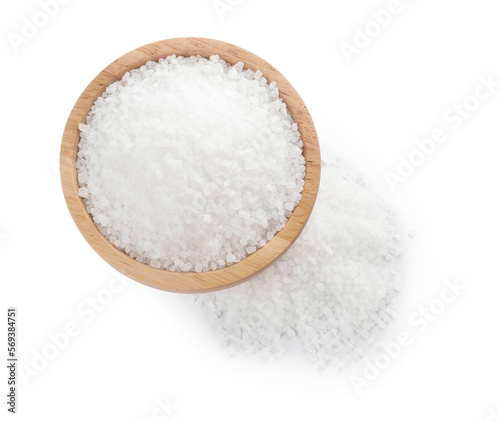 Wooden bowl and heap of natural sea salt isolated on white, top view