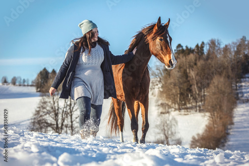 Horsemanship team scene: A young woman and her brown horse interacting and working as a team. Horse and owner trustful bond concept.