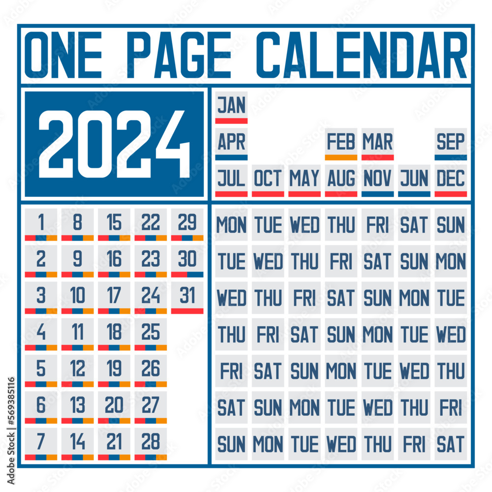 One page calendar 2025. Leap year. Month/day combination. Flat vector