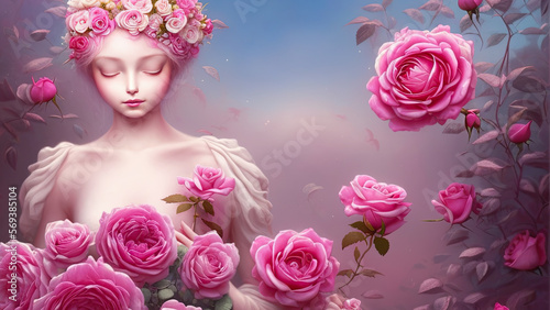 Woman with pink roses, surrealistic creative concept for valentine digital illustration by AI generate.