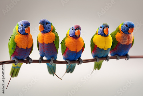 A row of bright, colourful lorikeet parrots perched on a wire, isolated against a white background.  Generative AI. photo