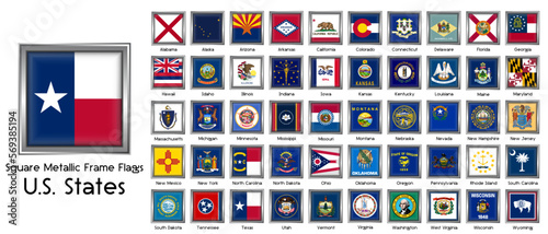 All US state flags with square metallic button. Vector illustration. photo