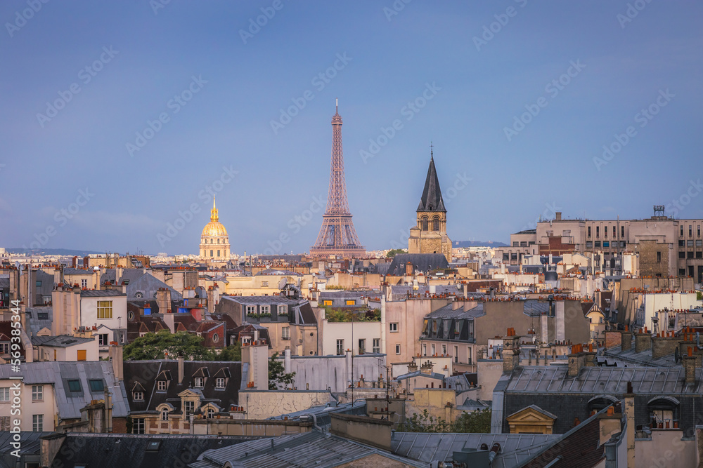 Eiffel Tower and french roofs architecture from above at sunrise, Paris, France