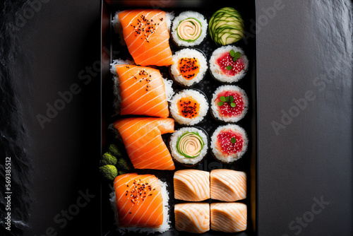 Salmon sushi variations on a black background on a tray for delivery, including sashimi, onigiri, sushi Jhow, sakemaki, and uramaki Philadelphia. Generative AI photo