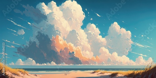 Sunny summer day  calm and serene cloud filled blue sky horizon  overwhelming peaceful feelings walking on this sandy beach and enjoying the wind and picturesque coastline - generative AI.