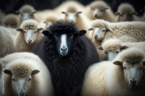 A black sheep surround with normal white sheep metaphor to be un