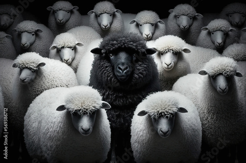 A black sheep surround with normal white sheep metaphor to be outstanding or unique. Generative ai.
 photo