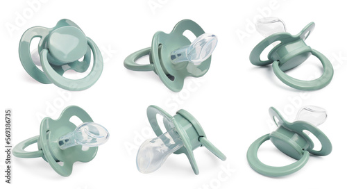 Collage of pale green baby pacifier on white background, views from different sides photo