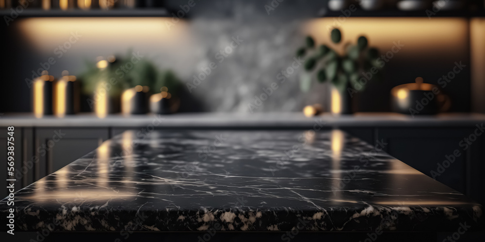 Modern empty dark marble table top or kitchen island on blurry bokeh kitchen room interior background. for montage product display. digital ai art