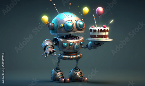 A cheerful robot with a adorable design celebrating its birthday with cake, balloons, and joy