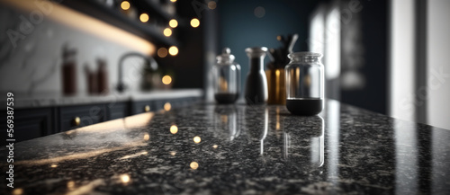 Photographie Modern empty dark marble table top or kitchen island on blurry bokeh kitchen room interior background