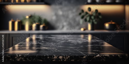 Modern empty dark marble table top or kitchen island on blurry bokeh kitchen room interior background. for montage product display. digital ai art © Viks_jin