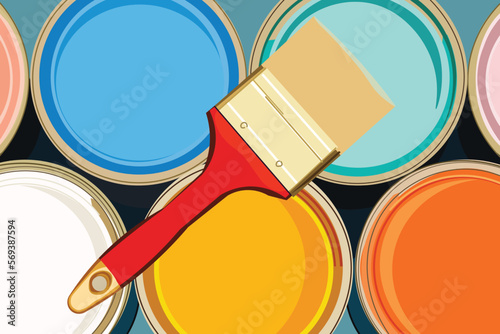 Color paint cans top view and a paint brush
