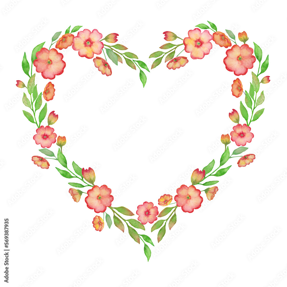 Watercolor floral heart wreath with primrose and leaves. Flowers hand ...