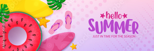 Hello summer vector background. Hello summer text with beach floater, surfboard and flipflop element in background. Vector illustration summer greeting card.
