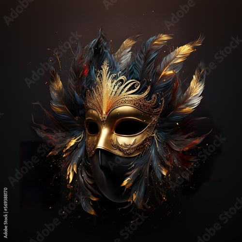 Luxury carnival mask, very realistic with gold feathers and light effects, with black background, Generative Ai