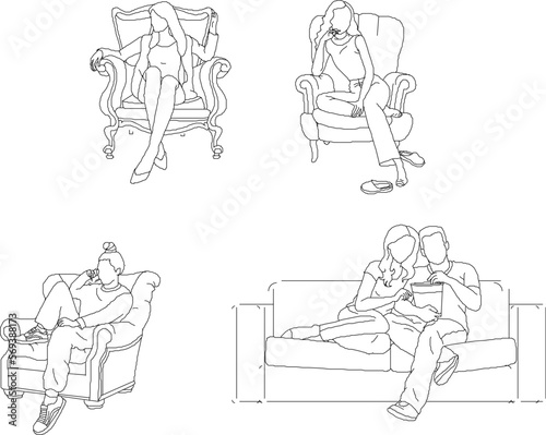 Vector sketch illustration of a couple sitting relaxed on sofa chairs