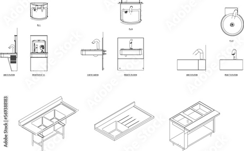 Vector sketch illustration of a sink from various sides