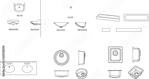 Vector sketch illustration of a sink from various sides