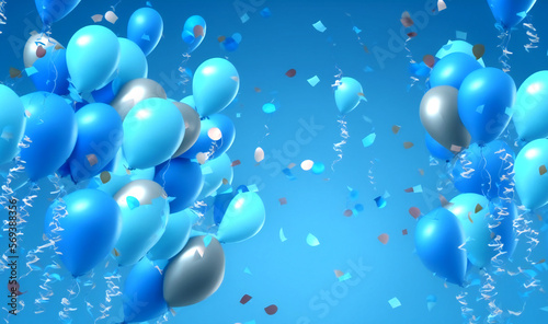 gold and blue Birthday balloons flying on light blue background